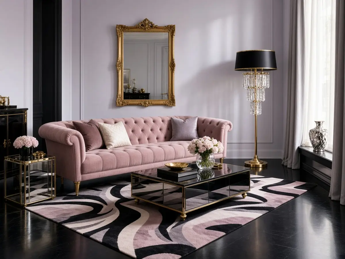Hollywood Regency living room: Mirrored, lacquered and unapologetically polished.
