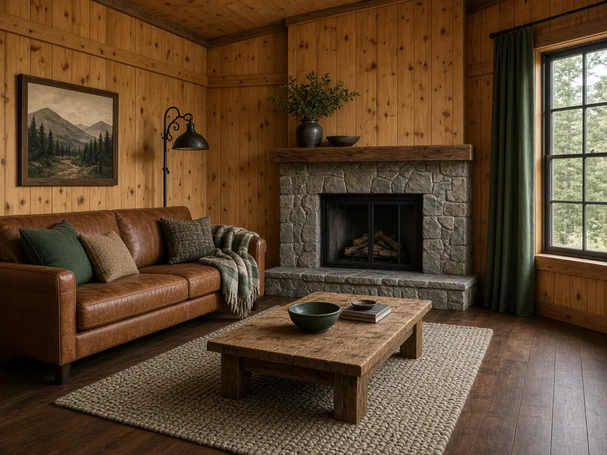 Rustic / Lodge living room: Timber, stone and wool by a fire.